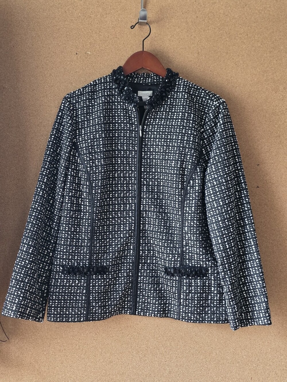 Chico's Black White Woven Tweed Full Zip Beaded Jacket Size 3 XL 16 18